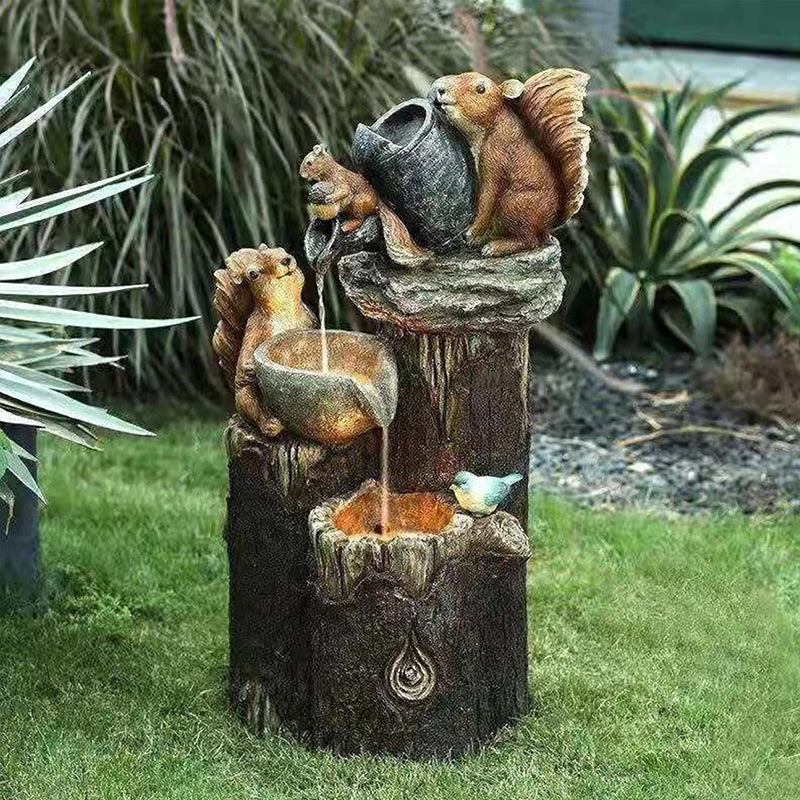 Solarbetriebener Gartenbrunnen | Ente & Eichhörnchen Harzstatue